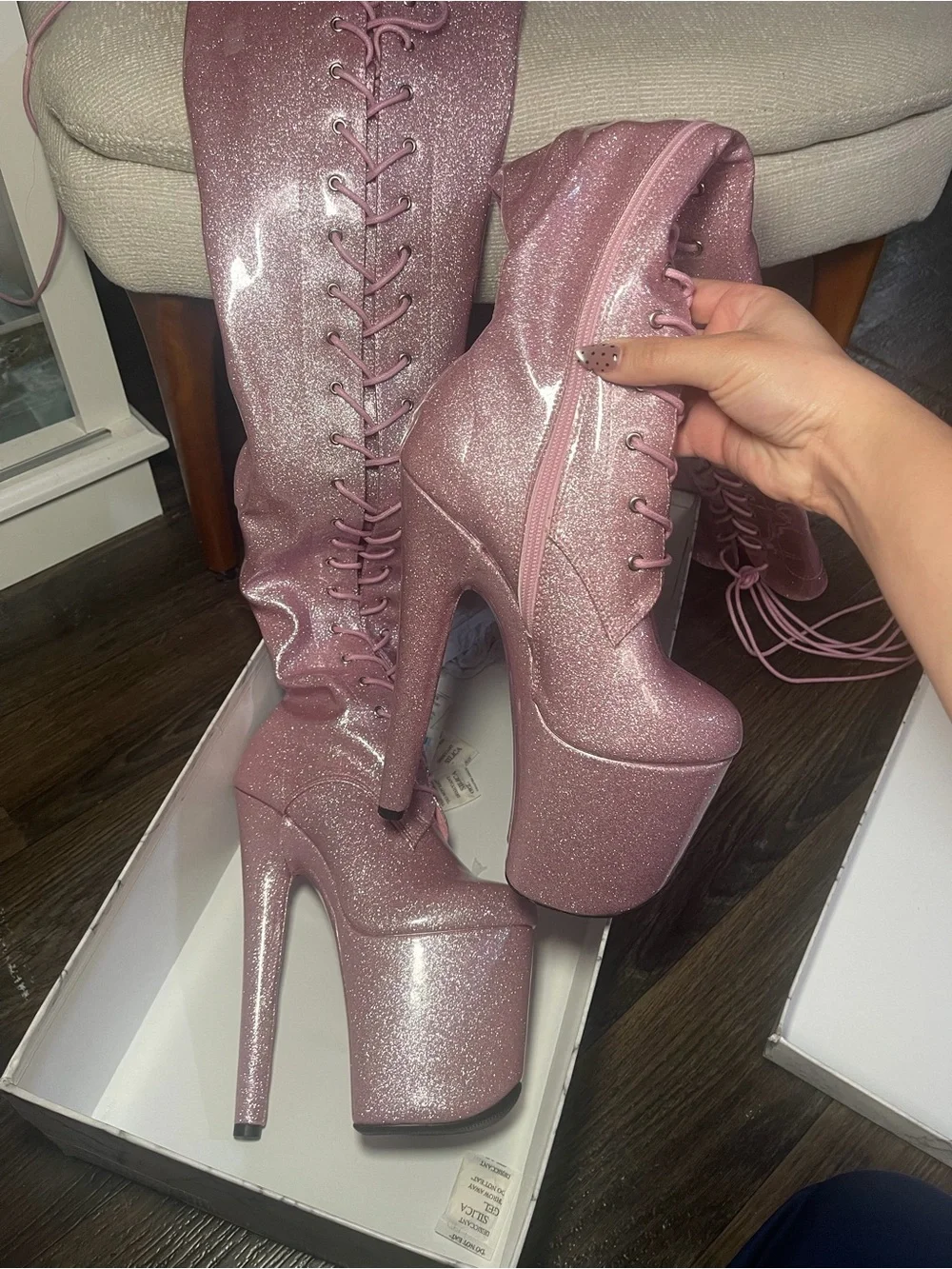 NEW Hella Heels Pink Glitter Thigh High Platform Boots Size 36 (US 6)